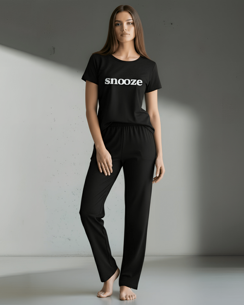 Black Snooze Printed PJ Set - Silknlove.com