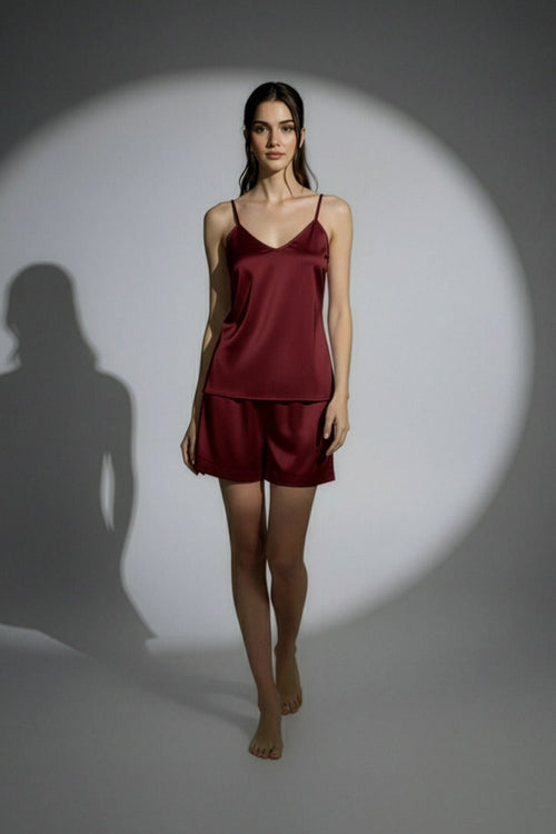 Camisole Style Satin Silk Shorts PJ Set - Maroon + (Free Scrunchie) - Silknlove.com