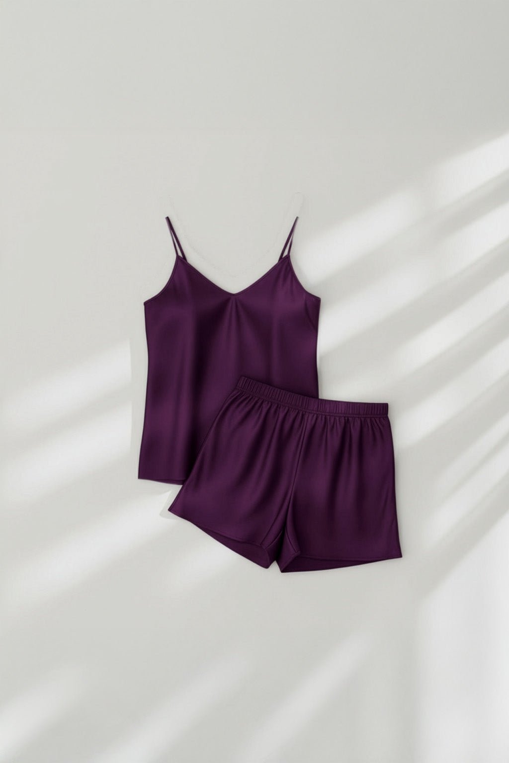 Camisole Style Satin Silk Shorts PJ Set - Purple + (Free Scrunchie) - Silknlove.com