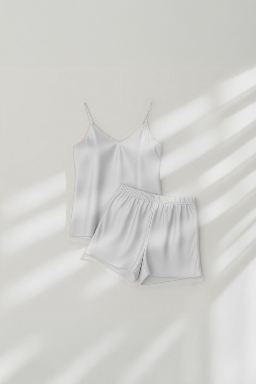 Camisole Style Satin Silk Shorts PJ Set - White + (Free Scrunchie) - Silknlove.com