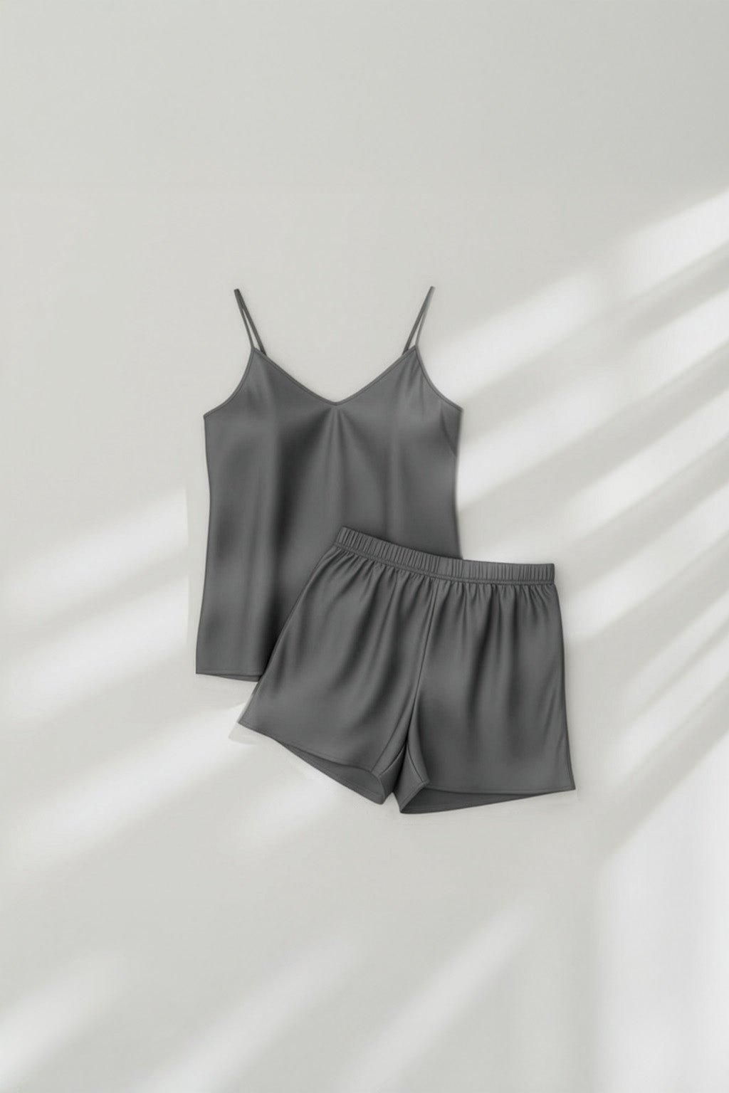 Camisole Style Satin Silk Shorts PJ Set - Grey + (Free Scrunchie) - Silknlove.com