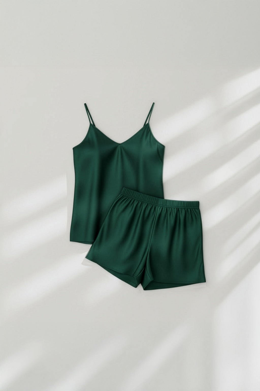Camisole Style Satin Silk Shorts PJ Set - Green + (Free Scrunchie) - Silknlove.com