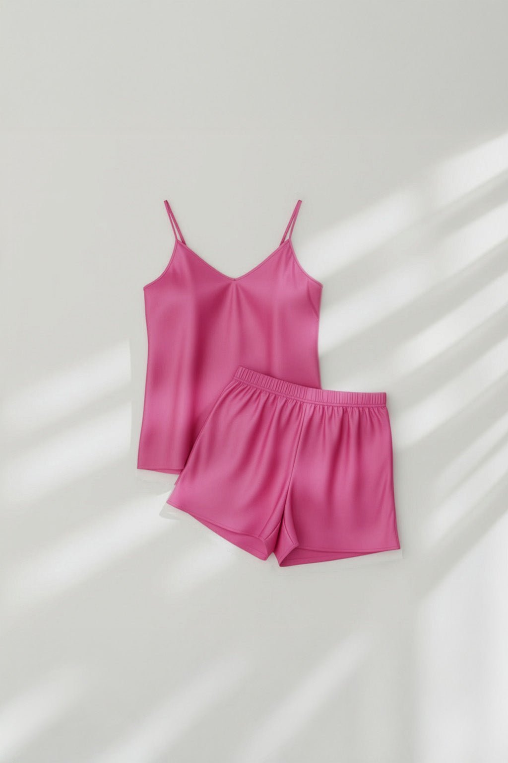 Camisole Style Silk Shorts PJ Set - Dark Pink + (Free Scrunchie) - Silknlove.com