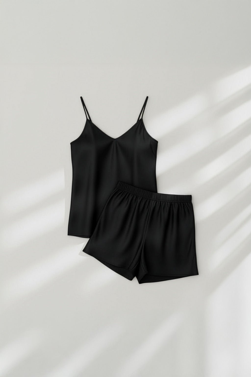 Camisole Style Satin Silk Shorts PJ Set - Black + (Free Scrunchie) - Silknlove.com