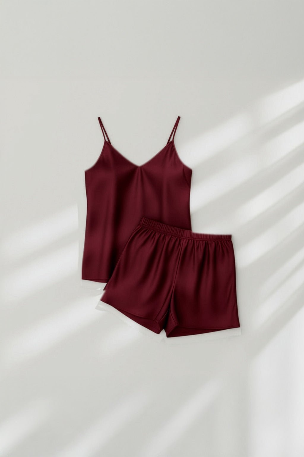 Camisole Style Satin Silk Shorts PJ Set - Maroon + (Free Scrunchie) - Silknlove.com