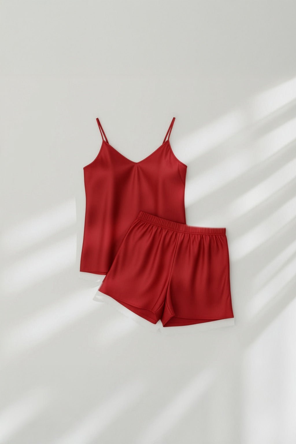 Camisole Style Satin Silk Shorts PJ Set - Redwine + (Free Scrunchie) - Silknlove.com