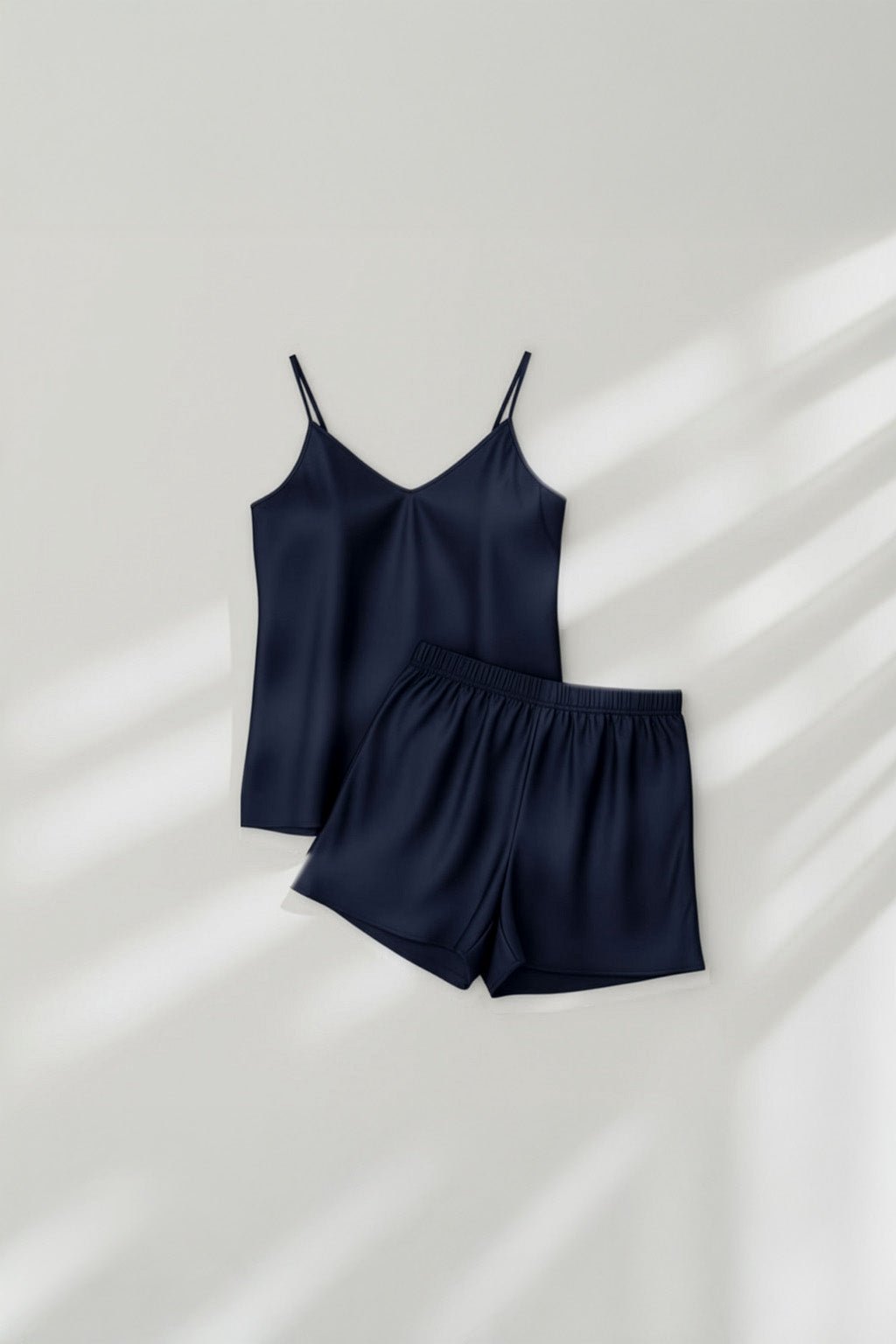 Camisole Style Satin Silk Shorts PJ Set - Navy Blue + (Free Scrunchie) - Silknlove.com