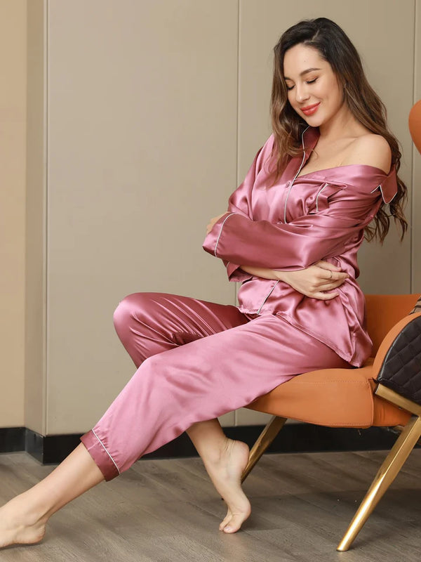Silk Pajamas Set - Dark Pink  (Free Surprise Gift)