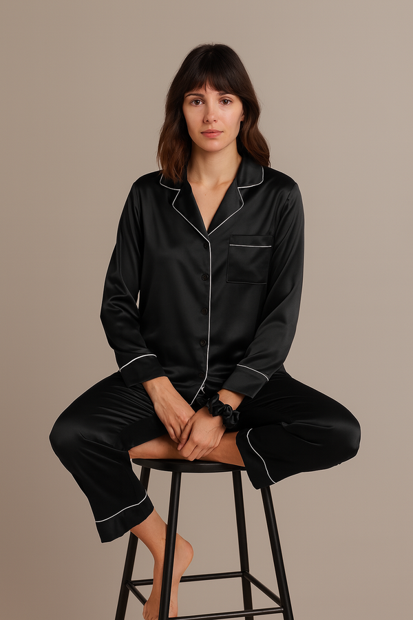 Silk Satin Pajamas Set - Black (Free Scrunchie)
