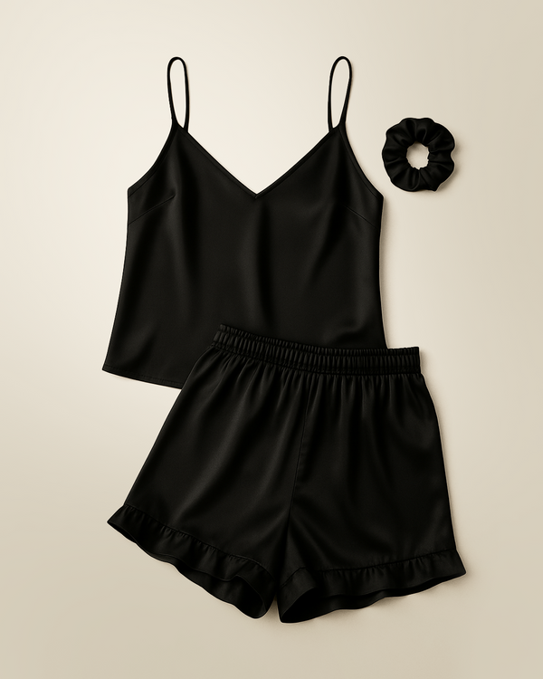 Camisole Style Satin Silk Shorts PJ Set - Black + (Free Scrunchie)