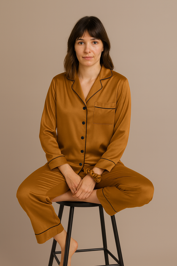 Silk Satin Pajamas Set - Camel Brown + (Free Surprise Gift)