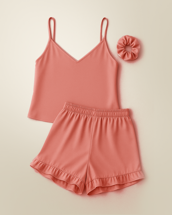 Camisole Style Silk Shorts PJ Set - Dark Pink + (Free Scrunchie)