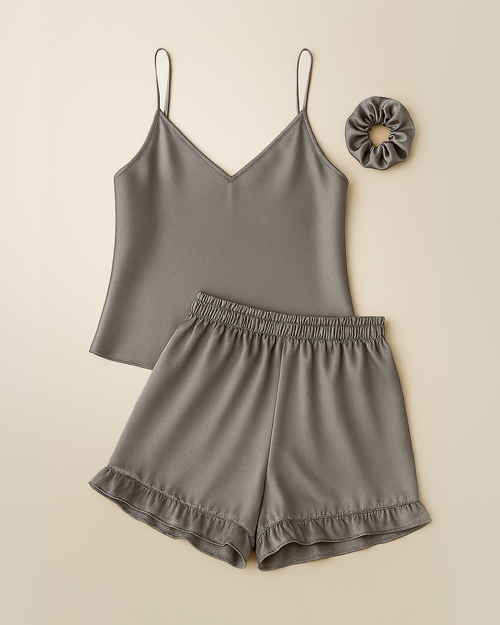 Camisole Style Satin Silk Shorts PJ Set - Grey + (Free Scrunchie)