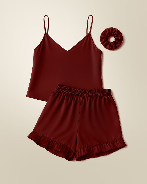 Camisole Style Satin Silk Shorts PJ Set - Maroon + (Free Scrunchie)