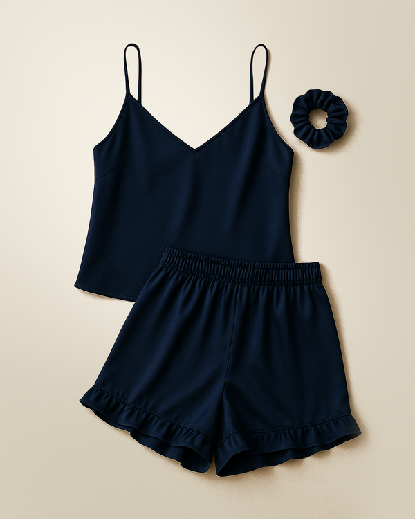 Camisole Style Satin Silk Shorts PJ Set - Navy Blue + (Free Scrunchie)