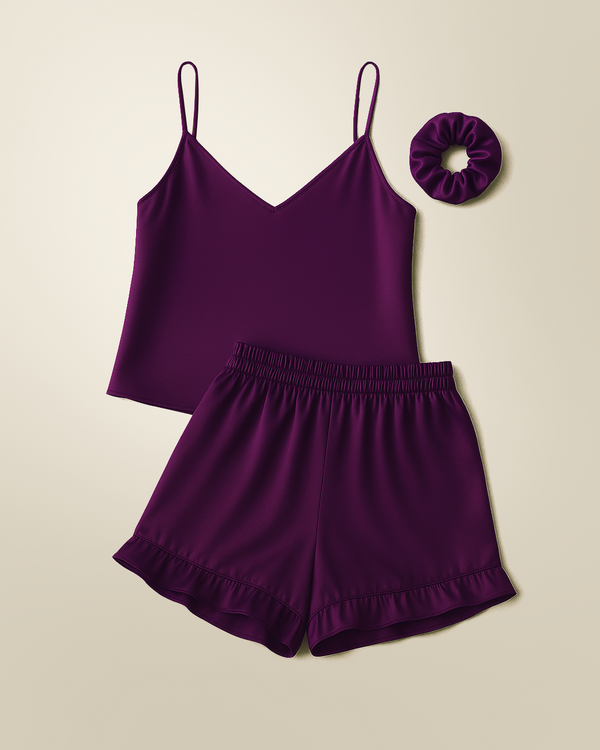Camisole Style Satin Silk Shorts PJ Set - Purple + (Free Scrunchie)