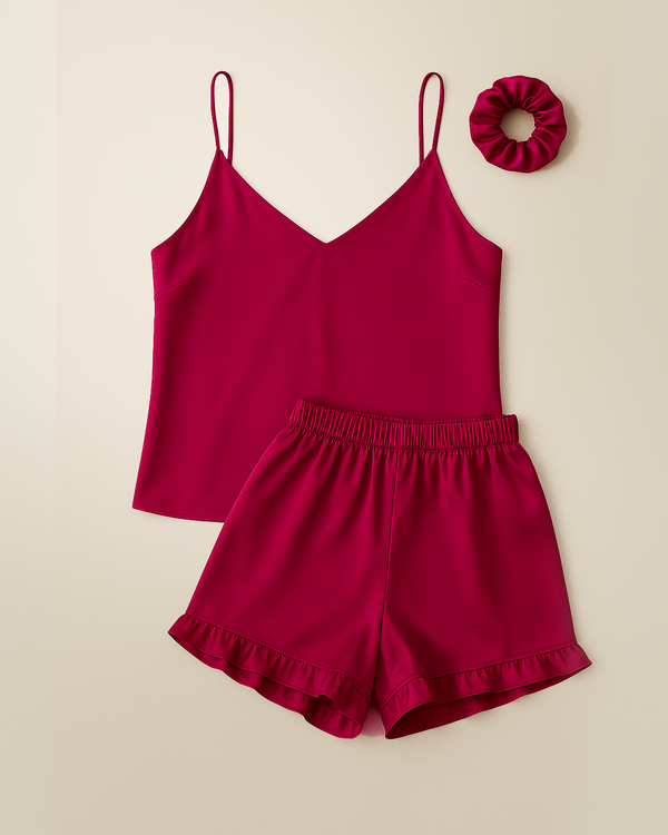 Camisole Style Satin Silk Shorts PJ Set - Redwine + (Free Scrunchie)