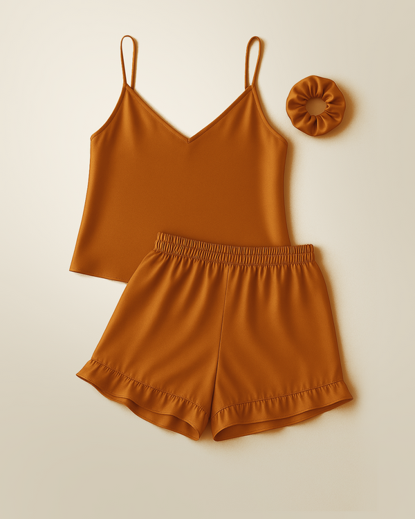 Camisole Style Satin Silk Shorts PJ Set - Camel Brown + (Free Scrunchie)
