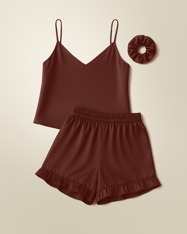 Camisole Style Satin Silk Shorts PJ Set - Dark Brown + (Free Scrunchie)