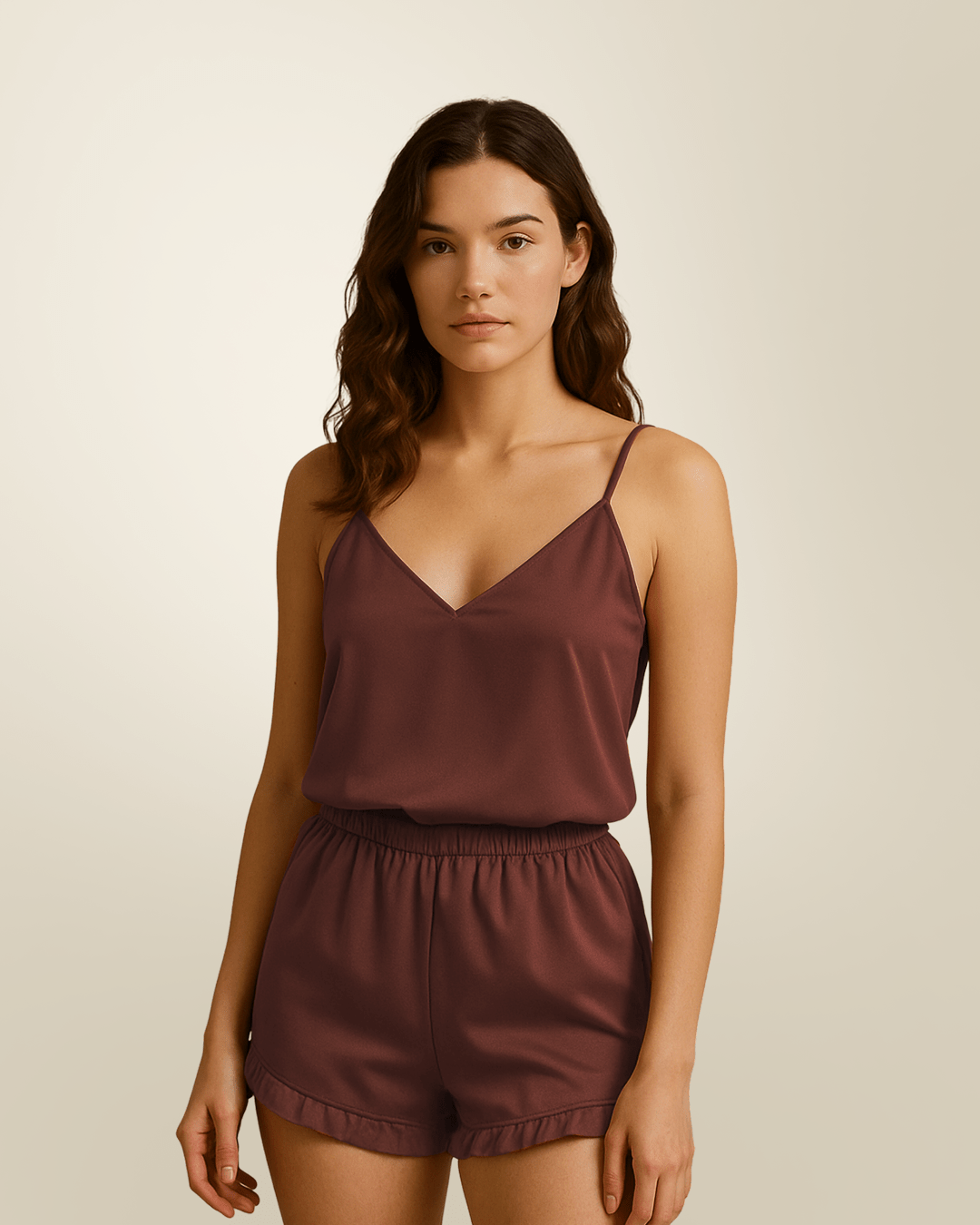 Camisole Style Satin Silk Shorts PJ Set - Dark Brown + (Free Scrunchie) - Silknlove.com