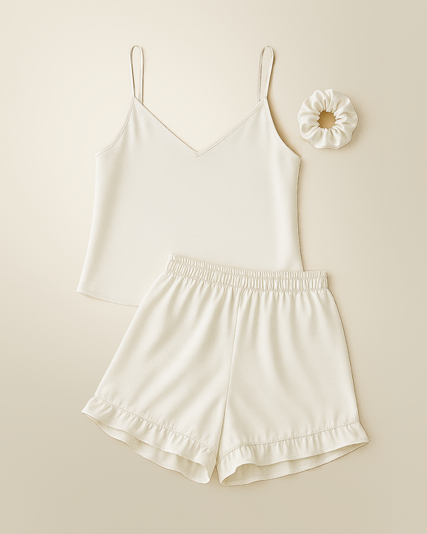 Camisole Style Satin Silk Shorts PJ Set - White + (Free Scrunchie)