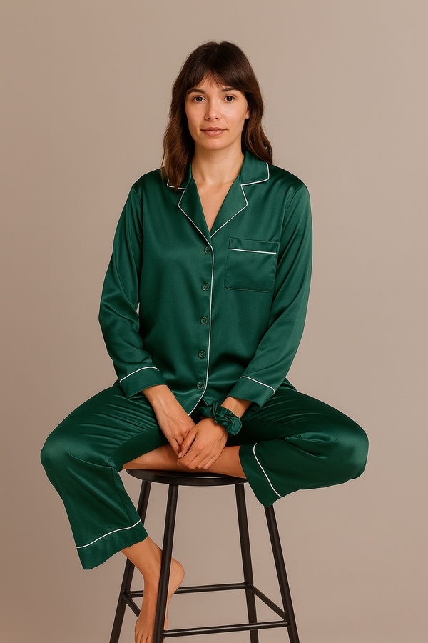 Silk Satin Pajamas Set - Green + (Free Scrunchie)