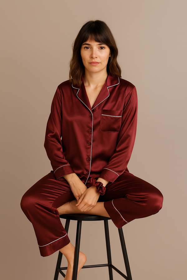 Silk Satin Pajamas Set - Maroon + (Free Scrunchie)