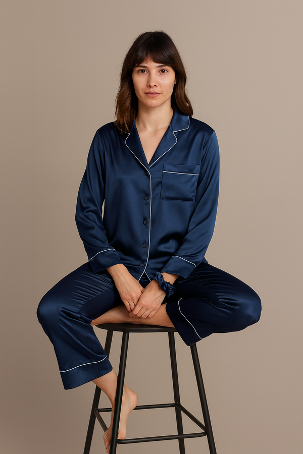 Silk Satin Pajamas Set - Navy Blue + (Free Scrunchie)