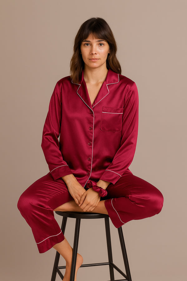 Silk Satin Pajamas Set - Red Wine + (Free Scrunchie)